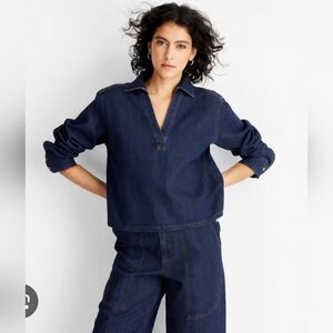 Women's Long Sleeve Lapel Denim Top - Future Collective Dark Wash Size S
